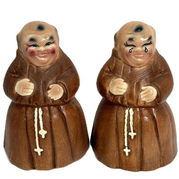Vintage Hirsch Mfg Monk Friar Tuck Large 6" Salt Pepper Shakers CA USA Brown - Picture 1 of 10